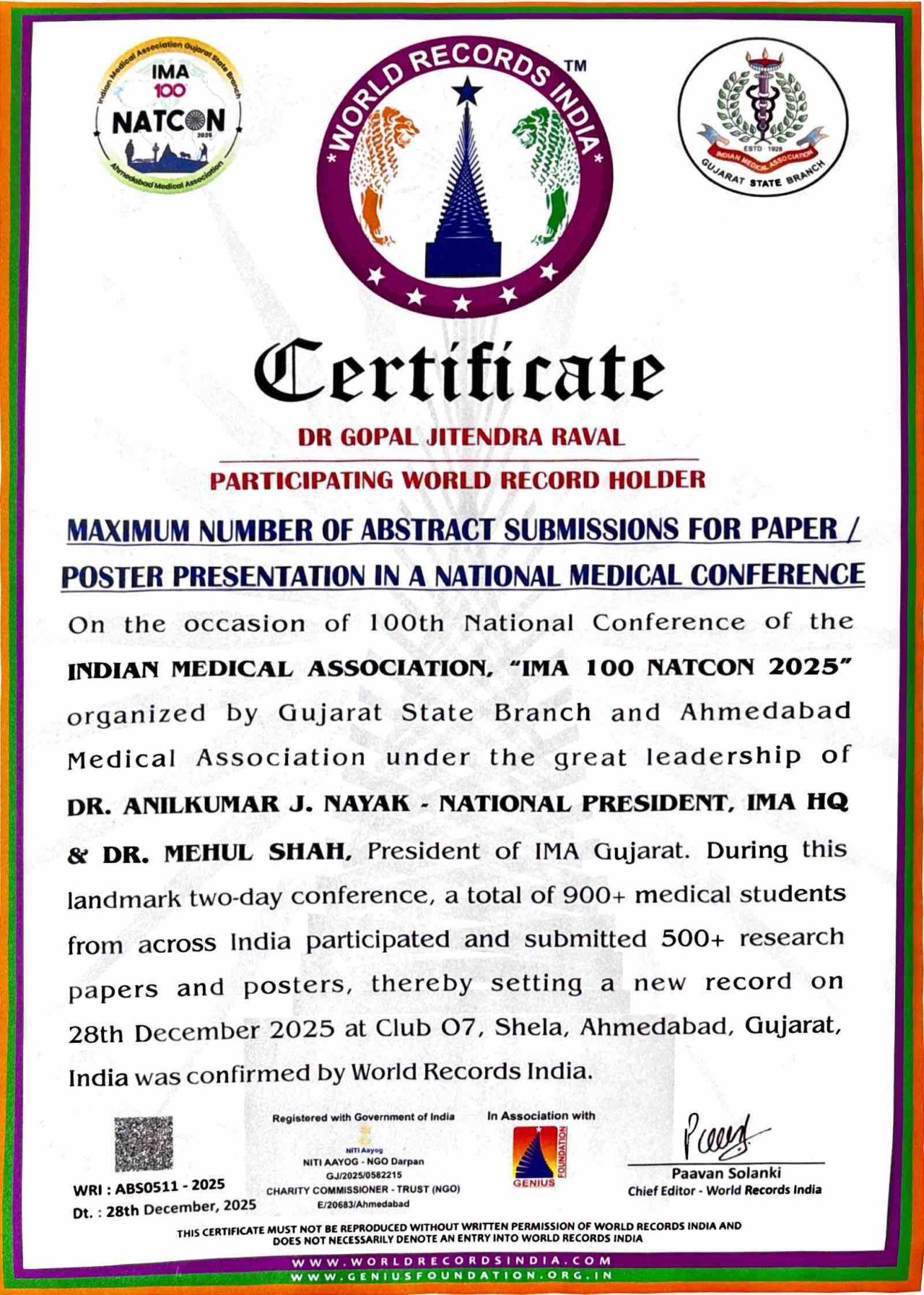 World Record Certificate from IMA NATCON 2025